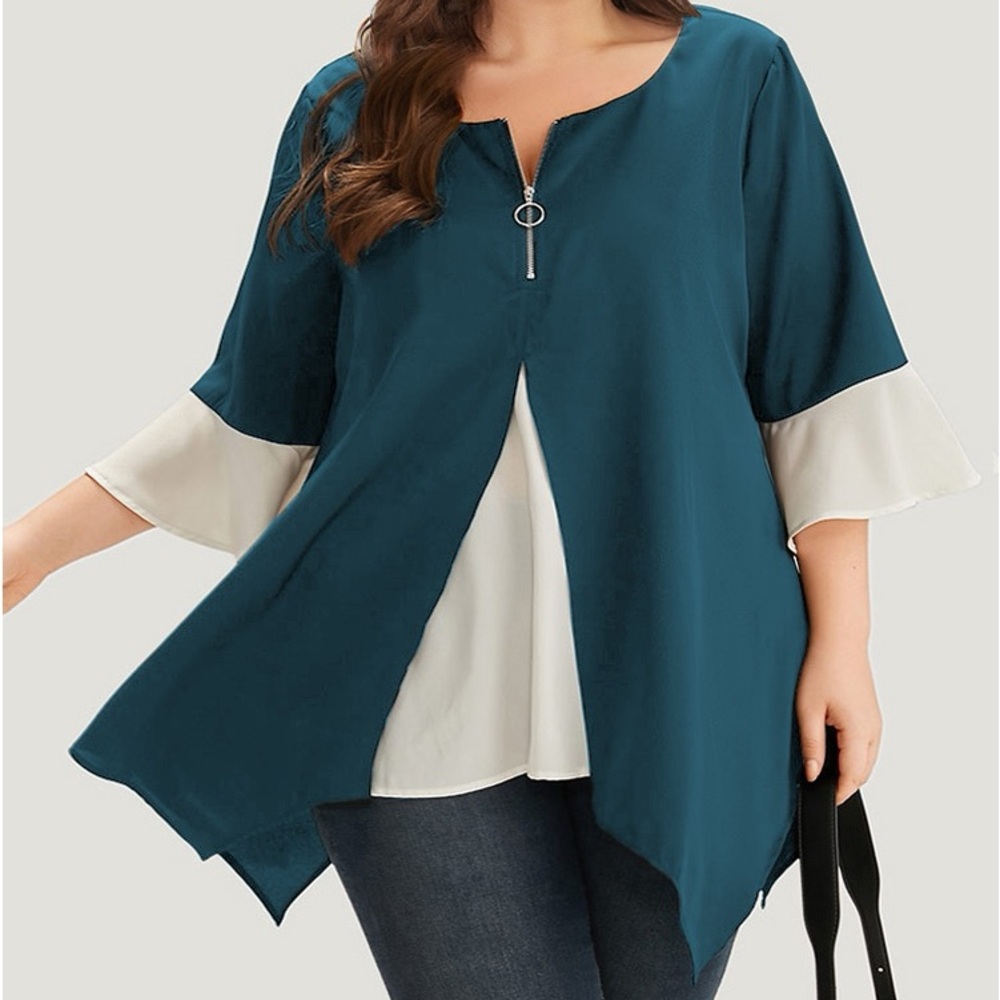 BloomChic Teal and Cream Blouse with Zipper Detail Plus Size 5X